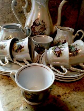 Vintage Antique Porcelain Lusterware Coffee Set Made In Yugoslavia