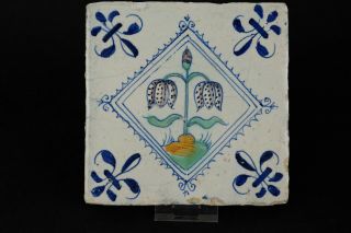 Wonderful Antique 17th Century Dutch Delft Polychrome Tile,  Tulip