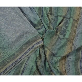 Sanskriti Vintage Blue Saree 100 Pure Silk Printed Sari Craft 5 Yard Fabric