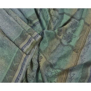 Sanskriti Vintage Blue Saree 100 Pure Silk Printed Sari Craft 5 Yard Fabric 2