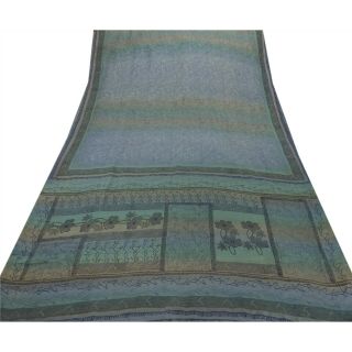 Sanskriti Vintage Blue Saree 100 Pure Silk Printed Sari Craft 5 Yard Fabric 3