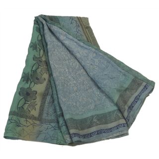 Sanskriti Vintage Blue Saree 100 Pure Silk Printed Sari Craft 5 Yard Fabric 5