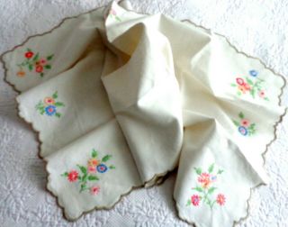 Vintage White Linen Oblong Tablecloth: Hand Embroidery Flowers