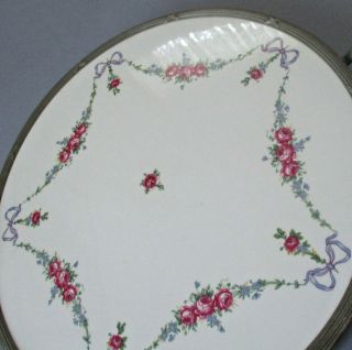 Antique 13 " Round Silver Metal Tray W Porcelain Rose Swags,  Blue Bows Germany
