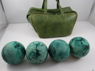 Vintage Gladding Retro Green Bowling Bag With 4 Swirl Green Candlepin Balls