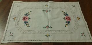 Vintage White Cotton & Hand Embroidered Floral Tray Cloth/small Tablecloth Roses