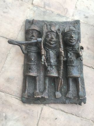 Old Tribal Bronze Benin King And Warriors Figure Plaque - Nigeria