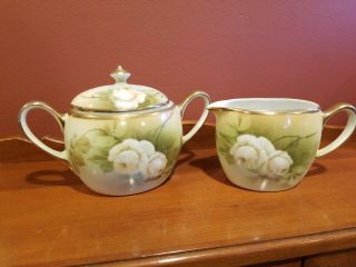 Antique Psag Bavaria Hand Painted Sugar Bowl& Creamer Signed Mauville