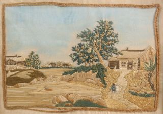 Pair Small 18thC Antique French Chenille Work Folk Art Silk Embroidery Village 3