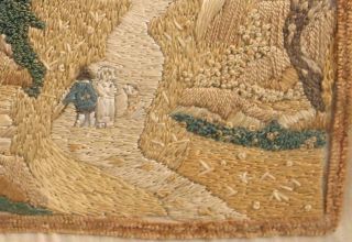 Pair Small 18thC Antique French Chenille Work Folk Art Silk Embroidery Village 5