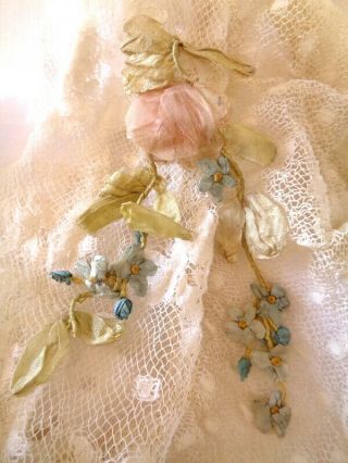 Charming Victorian French Silk Ribbonwork Pink Rose Forget Me Nots Vines