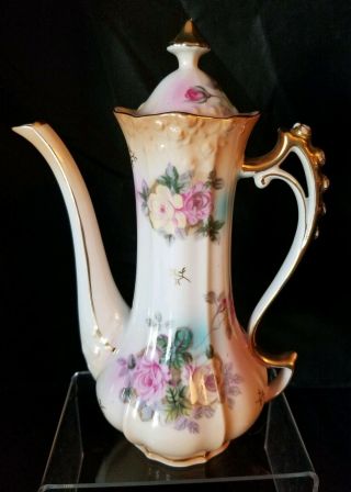 Antique Hand Painted Teapot - Rs Prussia ? - Pink And Yellow Flowers - Gold Trim