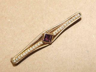 Vtg Antique Victorian Gold Filled Seed Pearl Amethyst Glass Bar Pin Brooch 1 5/8