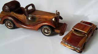 Two Vintage Hand Crafted Model Cars,  One Open Top Sports,  One American.