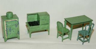 Vtg Tootsie Toy Miniature Furniture Stove W Breadbox Ice Box Table 2 Chairs