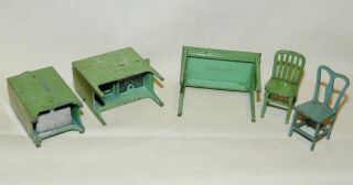 Vtg TOOTSIE TOY Miniature Furniture STOVE w BREADBOX ICE BOX TABLE 2 CHAIRS 2