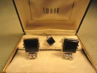 Vintage Onyx Wrap Around White Gold Plated Cuff Links With Tie Tac