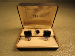 Vintage Onyx Wrap Around White Gold Plated Cuff Links with Tie Tac 2