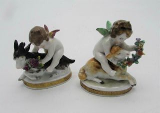 Pair Antique 19thc Samson French Porcelain Cherubs Riding Goats Figure Group