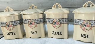 Antique China German Canister Set Zucker Mehl Kaffee Salz Flowers & Blue Band
