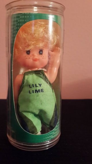 Vintage Lily Lime Doll In Plastic Round Container 4 " Tall Hong Kong Frshp