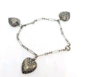 Antique Vintage Sterling Silver 925 Puffy Heart Charm Bracelet 6.  5 "