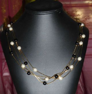 Classy Vintage Triple Strand Golden Chain Necklace W Black & White Faux Pearls