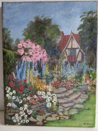 Really Old Painting Oil On Canvas Garden Flowers Signed