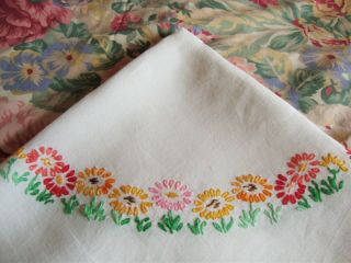 Vintage Colourful Floral Daisy Tablecloth - Hand Embroidered - Afternoon Tea
