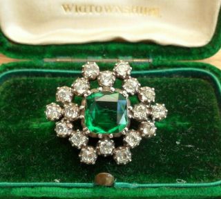Antique 19th Century Quality Silver 6ct Emerald & Clear Old Cut Paste Brooch Pin