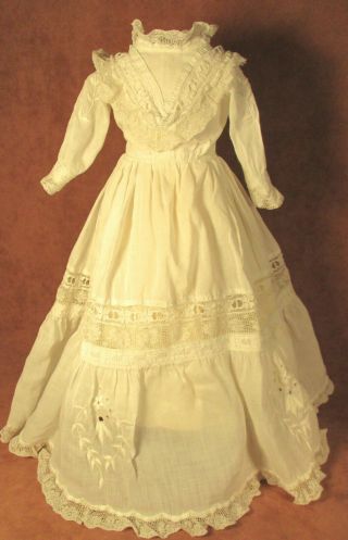 Vintage Doll Dress For 18 " - 19 " Bisque Doll - Ivory Cotton W/embroidery & Lace