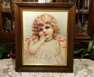 Vintage Antique Victorian Calendar Girl Vintage Print Wood Frame