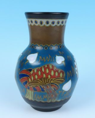 C.  1925 Pzh Gouda Art Nouveau Mushrooms Vase 190 Antique Dutch Pottery Holland