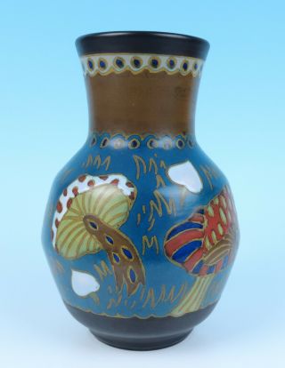 c.  1925 PZH Gouda Art Nouveau Mushrooms Vase 190 Antique Dutch Pottery Holland 5
