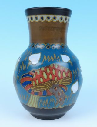 c.  1925 PZH Gouda Art Nouveau Mushrooms Vase 190 Antique Dutch Pottery Holland 6