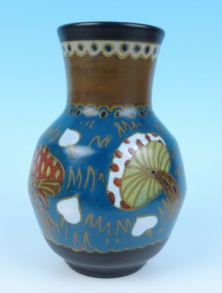 c.  1925 PZH Gouda Art Nouveau Mushrooms Vase 190 Antique Dutch Pottery Holland 7