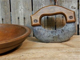 AAFA Antique Primitive Early Wooden Dough Bowl w/ Rim & Hand Chopper 5