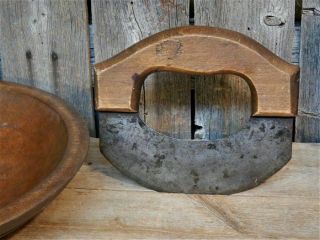 AAFA Antique Primitive Early Wooden Dough Bowl w/ Rim & Hand Chopper 6