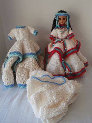Vintage Native American Girl Doll With 2 Handmade Crocheted Dress 15 " Great.