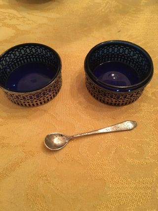 2 Antique Filigree Sterling Silver & Cobalt Salts With Spoon - Watson Co?