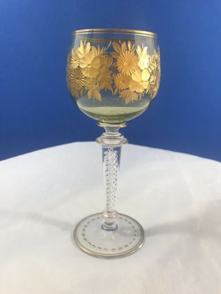 Antique Moser Glass Twisted Air Gold Leaf Green Tinted Goblet Double Helix