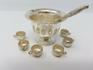 Vtg.  Silver Artisan Miniature Dollhouse Elegant Punch Bowl Set 6 Cups Ladle