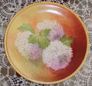 Antique Limoges Hand Painted Signed " Broussillon " Plate,  Hydrangea & Gold 8 1/2 "
