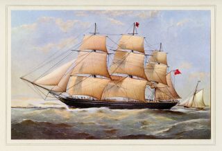 1855 Frigate Walmer Castle - 1925 Vintage Nautical Color Print Tall Sailing Ship