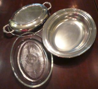Vintage Silver Plate Oval Shape Serving Bowl With Glass Insert 50s 60s Perfect