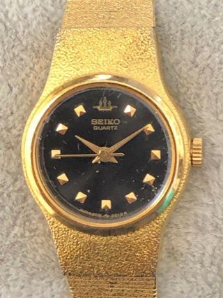 Vintage Ladies Seiko 8y21 - 0020 Black Dial Gold Tone Quartz Watch Battery