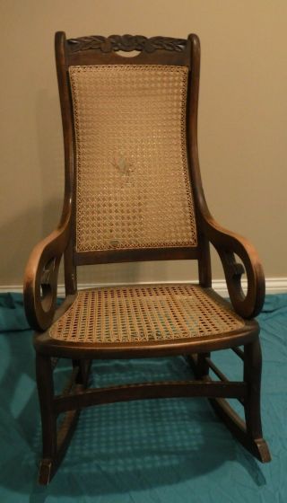Antique 19th C Solid Wood Lincoln Rocking Chair w Caned Seat & Back Carved Top 3