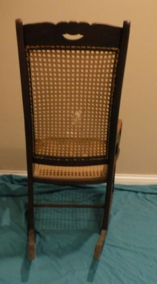 Antique 19th C Solid Wood Lincoln Rocking Chair w Caned Seat & Back Carved Top 6