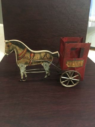 Gibbs Antique Wood,  Metal Lithographed No27 Us Mail Horse & Wagon Pull Toy C1900