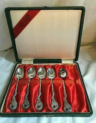 Antique Chinese Export Dragon Bamboo Set Of 5 Silver Spoons (as Found)
